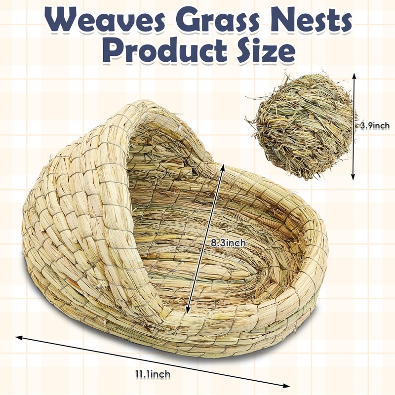 kathson Rabbit Grass House Bunny Woven Hay Bed Guinea Pig Hideout Hand Woven Natural Grass House for Hamster and Small Animals with Hay Chew Balls Toys - Image 2